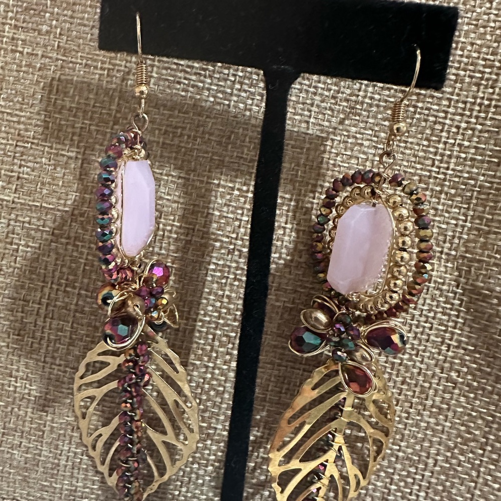 Elegant Gold and Pink Leaf Earrings